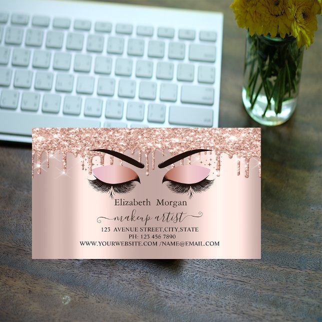 Rose Gold Glitter Drips Falska Wimper, Sminkartist Magnetiska Visitkort (Skapare uppladdad)