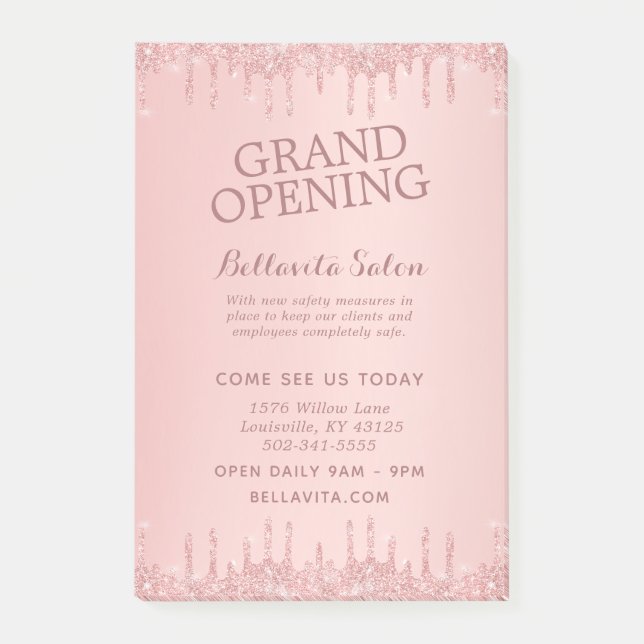 Rose Gold Glitter Drips Grand Opening Salong Post-it Block (Framsida)