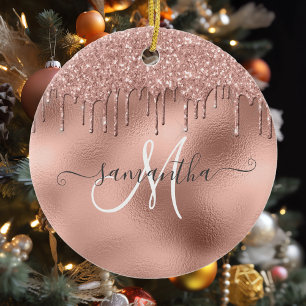 Rose Gold Glitter Drips Handskriven namntext Julgransprydnad Keramik