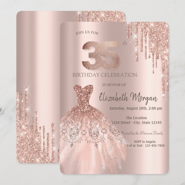 Rose Gold Glitter Drips Klänning 35-års Födelsedag Inbjudningar (Fram/baksida)