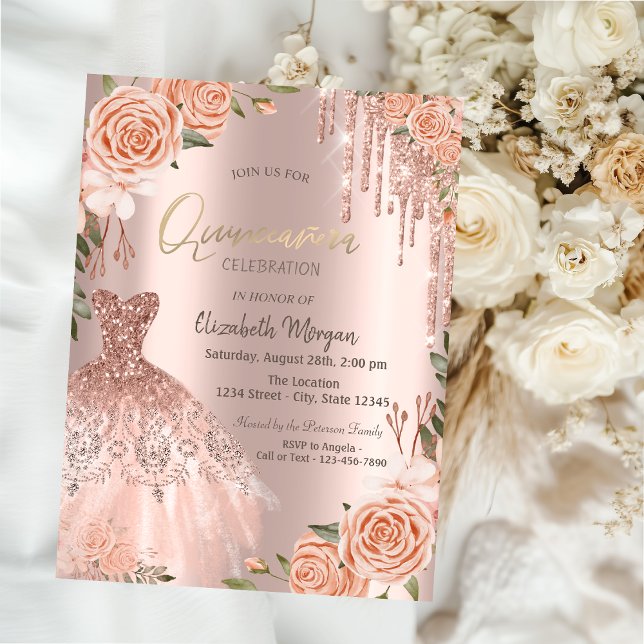 Rose Gold Glitter Drips Klänning Peach Rosor Inbjudningar (Skapare uppladdad)