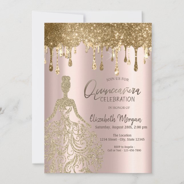 Rose Gold Glitter Drips Klänning Quinceanera  Inbjudningar (Framsida)