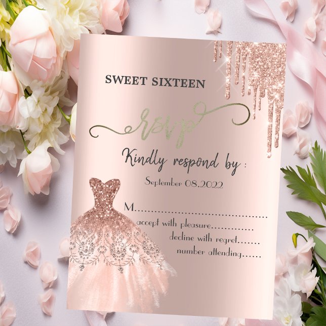 Rose Gold Glitter Drips Klänning Sweet 16 RSVP   Inbjudningar (Skapare uppladdad)