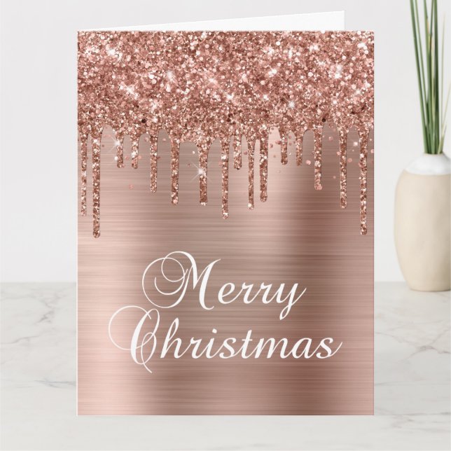 Rose Gold Glitter Drips Metallic Merry Christmas Kort (Framsida)