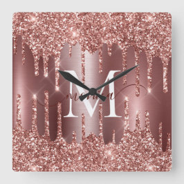 Rose Gold Glitter Drips Monogram Personalized Fyrkantig Klocka