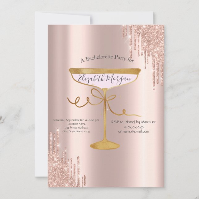 Rose Gold Glitter Drips Vin Glas Sjungbröllop  Inbjudningar (Framsida)