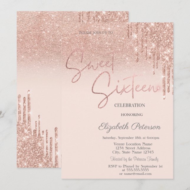 Rose Gold Glitter, Droppande Sweet 16  Inbjudningar (Fram/baksida)