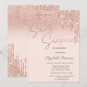 Rose Gold Glitter, Droppande Sweet 16 Inbjudningar
