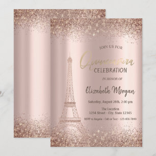Rose Gold Glitter Eiffel Konfetti Quinceañera Inbjudningar