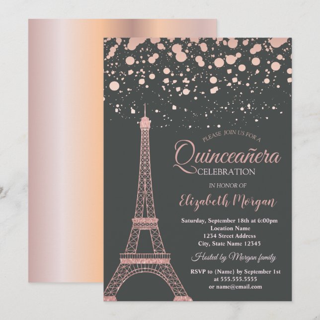 Rose Gold Glitter Eiffeltornet,Punkter Quinceañera Inbjudningar (Fram/baksida)