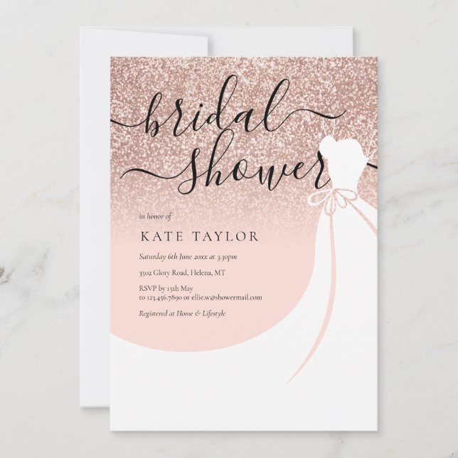 Rose Gold Glitter Elegant Bröllopsklänning Bröllop Inbjudningar (Framsida)