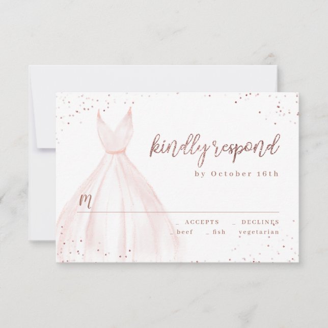 Rose Gold Glitter Elegant Glans Rosa Klänning RSVP OSA Kort (Framsida)