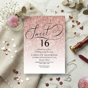 Rose Gold Glitter Elegant Skrift Söt 16 Födelsedag Inbjudningar