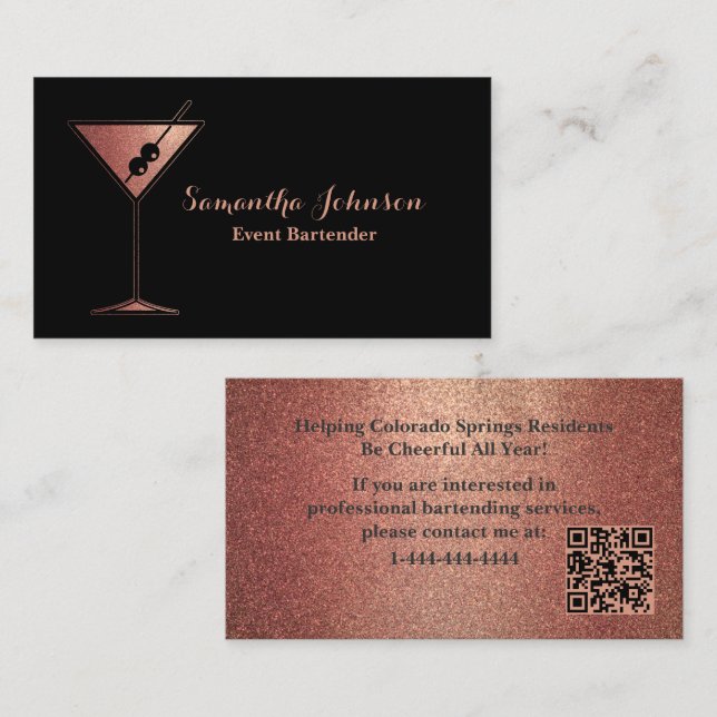 Rose Gold Glitter Event Bartender QR Code Visitkort (Fram/baksida)