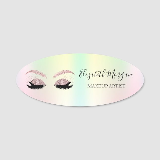 Rose Gold Glitter Falsa Wimper Holografiska Namnbricka (Framsida)