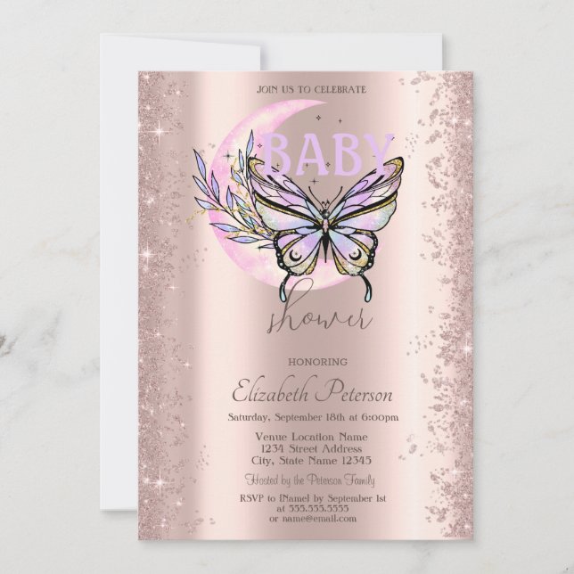 Rose Gold Glitter Fjäril Moon Baby Shower Inbjudningar (Framsida)