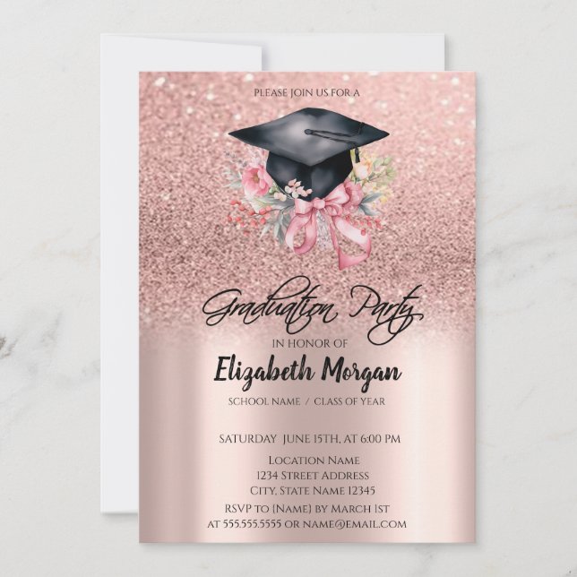 Rose Gold Glitter Floral Grad Cap Bow Graduation Inbjudningar (Framsida)