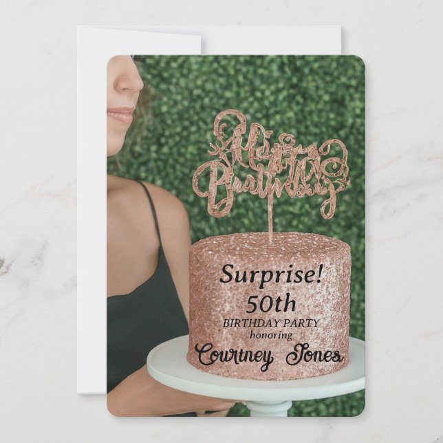 Rose Gold Glitter Födelsedagstårta 50-årsdag Inbjudningar (Framsida)