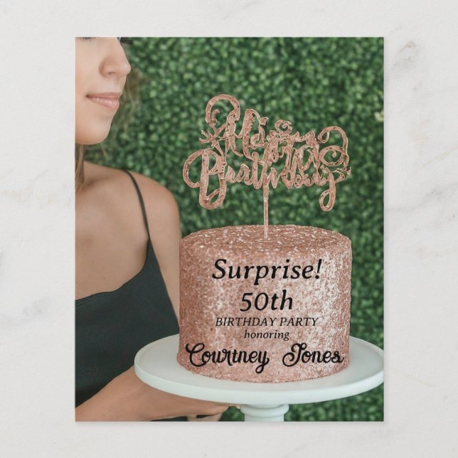 Rose Gold Glitter Födelselseparty Tårta 50-årsdag Flygblad (Framsidan)
