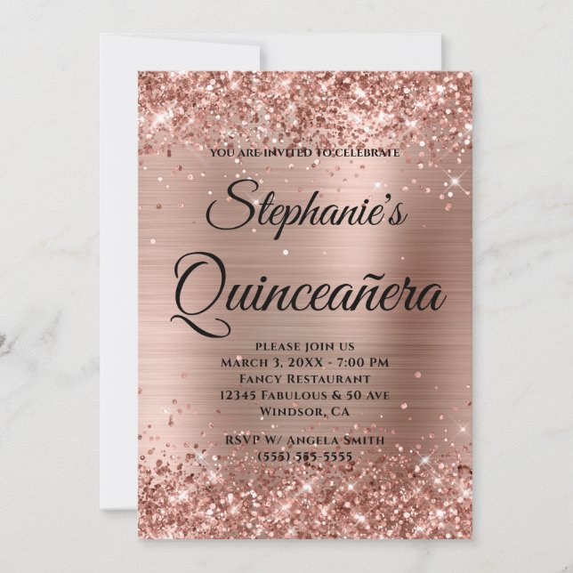 Rose Gold Glitter Folie Fancy Monogram Quinceañera Inbjudningar (Framsida)