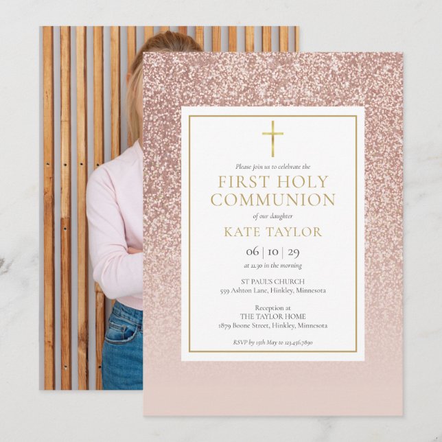 Rose Gold Glitter Första Kommunion Foto Inbjudningar (Fram/baksida)