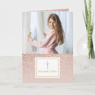Rose Gold Glitter Första Nattvarden Foto Tack Kort