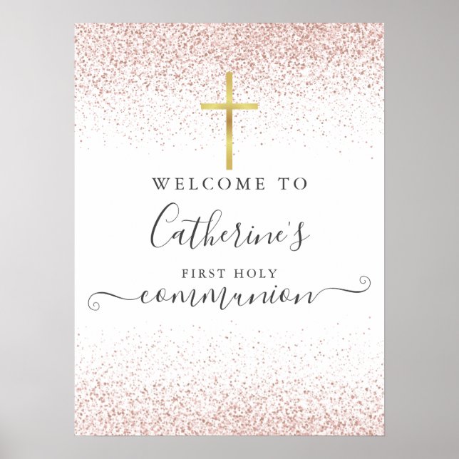 Rose Gold Glitter Första Nattvarden Välkomstskylt Poster (Framsidan)
