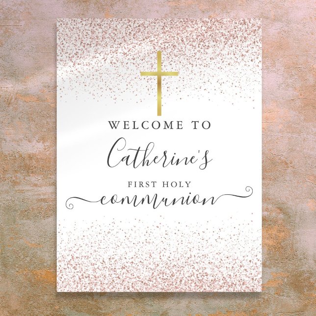 Rose Gold Glitter Första Nattvarden Välkomstskylt Poster (Rose Gold Glitter Holy Communion Welcome Sign)