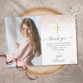 Rose Gold Glitter Foto Första Kommunion Tack Kort
