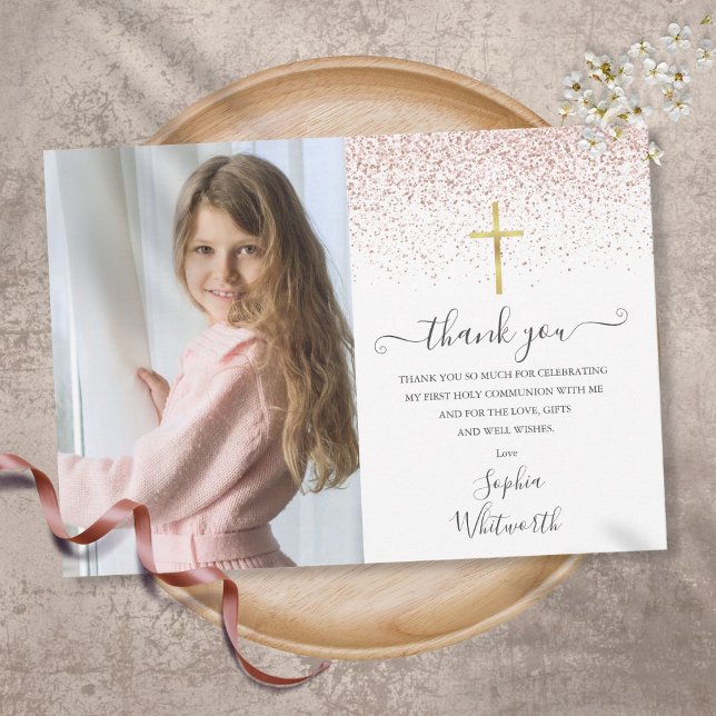 Rose Gold Glitter Foto Första Kommunion Tack Kort (Skapare uppladdad)