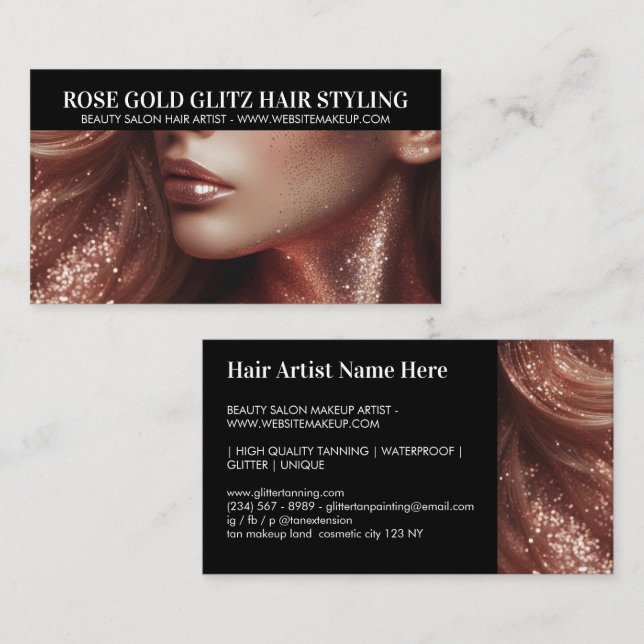 Rose Gold Glitter Frisörstylist Konstnär Foto Visitkort (Fram/baksida)