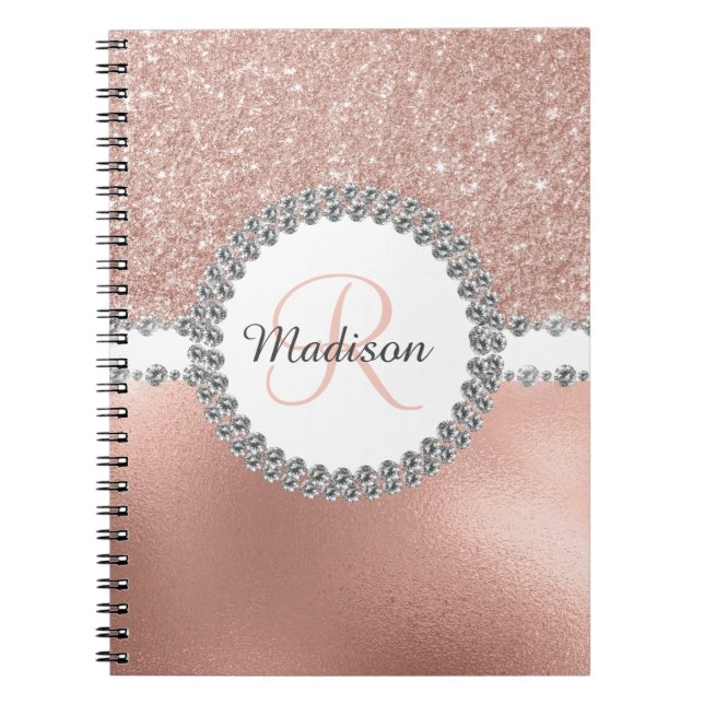 Rose Gold Glitter Glam Monogram Diamant Anteckningsbok (Framsidan)