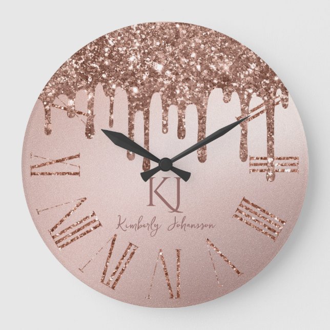 Rose Gold Glitter Glam & Monogram Initialer Stor Klocka (Framsida)