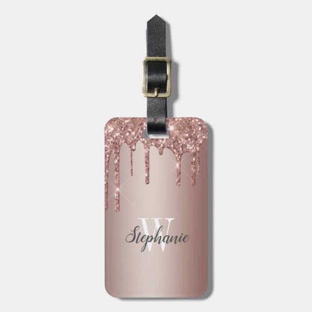 Rose Gold Glitter Gnistrande Monogram Vertikal Bagagebricka (Vertikal Framsida)