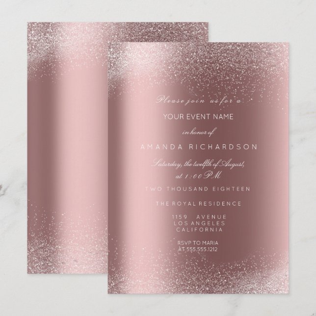 Rose Gold Glitter Gnistrande Sand Bröllop Födelsed Inbjudningar (Fram/baksida)