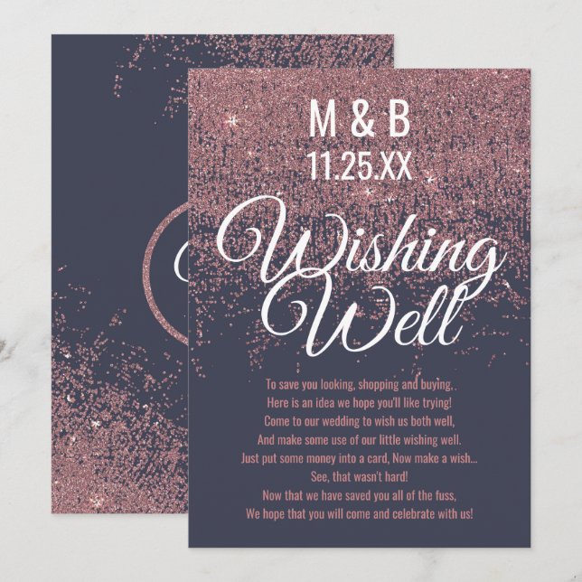 Rose Gold Glitter Gnistrar Navyblå Önskebrunn Inbjudningar (Fram/baksida)