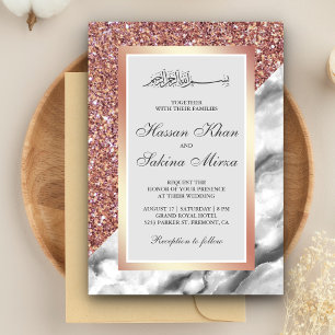 Rose Gold Glitter Grå Vit Marmor Muslim Bröllop Inbjudningar