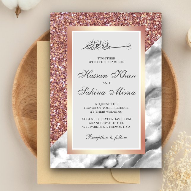Rose Gold Glitter Grå Vit Marmor Muslim Bröllop Inbjudningar (Skapare uppladdad)