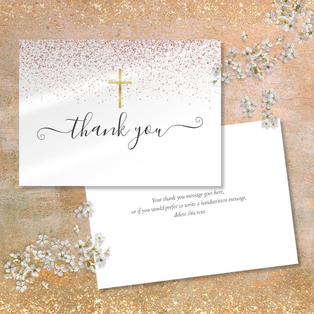 Rose Gold Glitter Guld Korsmanus Skript Tack Kort (Rose Gold Glitter Gold Crucifix Script Thank You Card)
