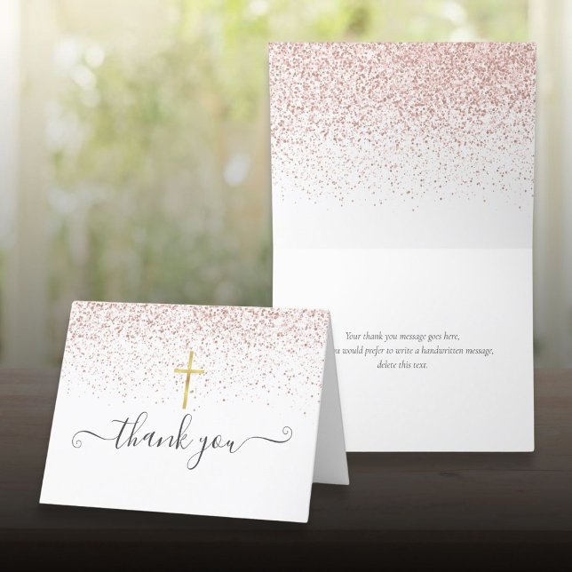 Rose Gold Glitter Guld Krucifix Skrift Tack Kort (Rose Gold Glitter Gold Crucifix Script Thank You Card)