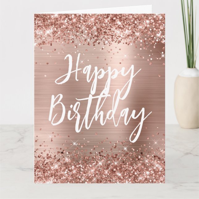 Rose Gold Glitter Handskriven Stil Glad Födelsedag Kort (Framsida)