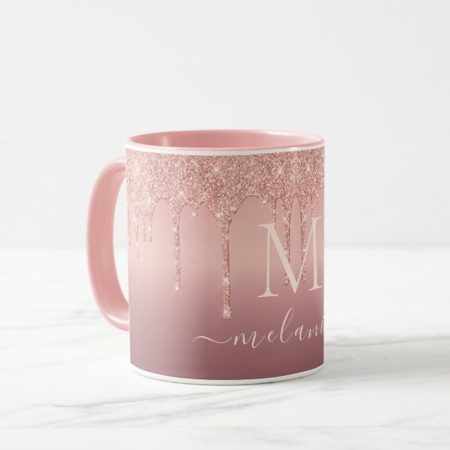 Rose Gold Glitter Kaffemugg Ditt Namn och Bokstav (Framsida vänster)