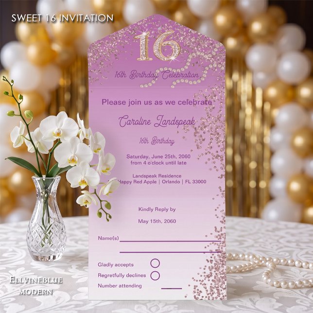 Rose Gold Glitter Kalligrafi Nummer Sweet 16 (Chic Sweet 16 invite with an easy-to-tear perforated RSVP card. Rose Gold Glitter Celebration!)
