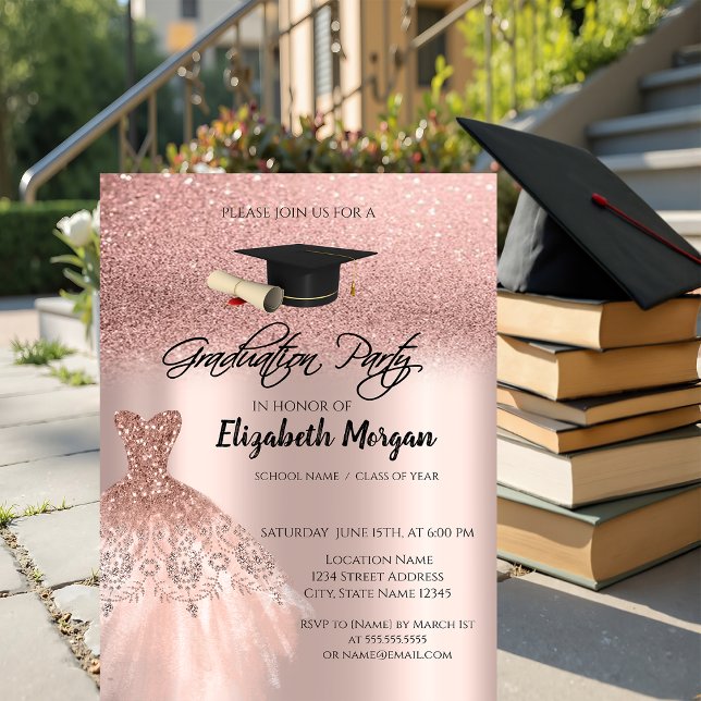 Rose Gold Glitter Klänning Examen Hatt Examen Inbjudningar (Skapare uppladdad)