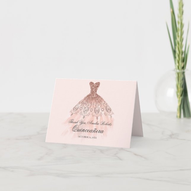 Rose Gold Glitter Klänning Quinceanera Tack Kort (Framsida)