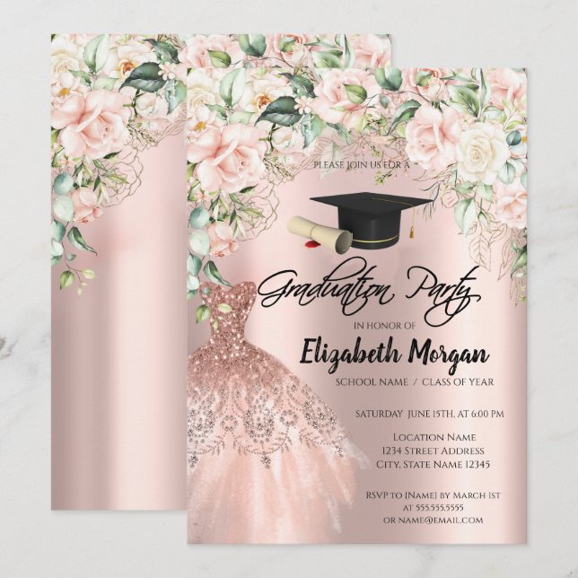 Rose Gold Glitter Klänning Rosor Examen Hatt Exame Inbjudningar (Fram/baksida)
