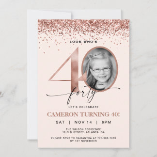 Rose Gold Glitter Konfetti Foto 40-årsdag Inbjudningar