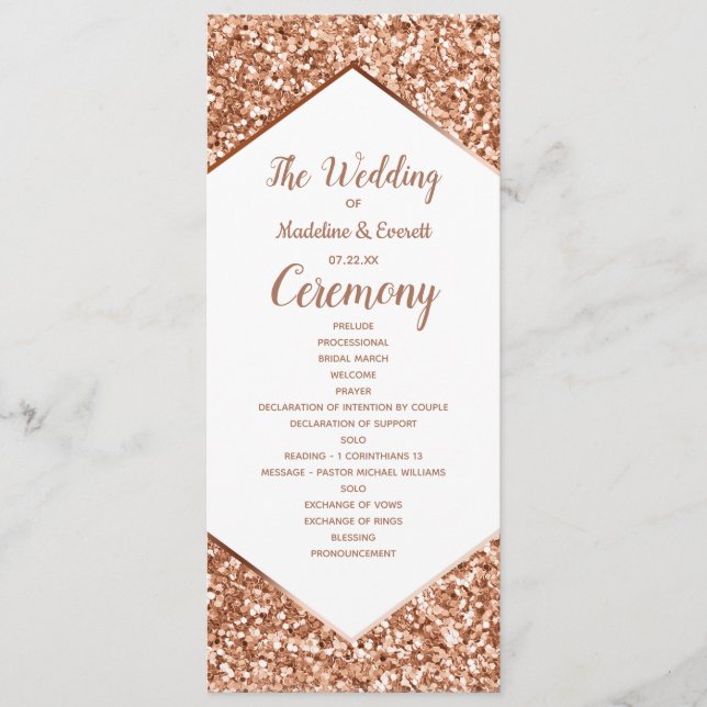 Rose Gold Glitter Konfetti Glam Bröllopsprogram Program (Framsida)
