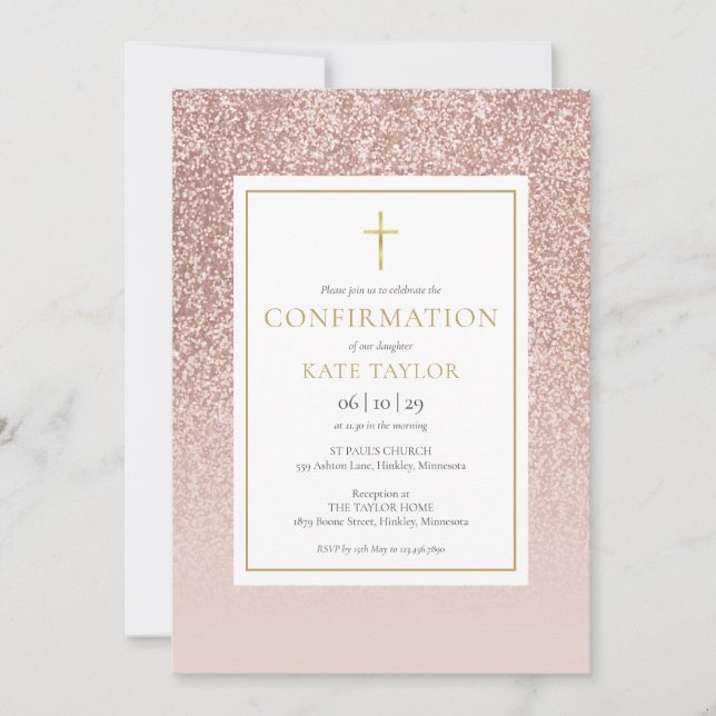 Rose Gold Glitter Konfirmation Inbjudningar (Framsida)