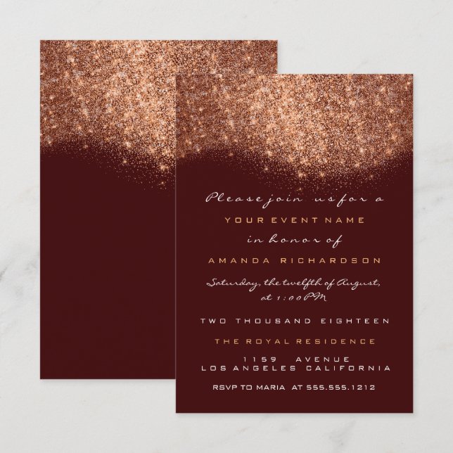 Rose Gold Glitter Koppar Burgund Formell Inbjudan (Fram/baksida)